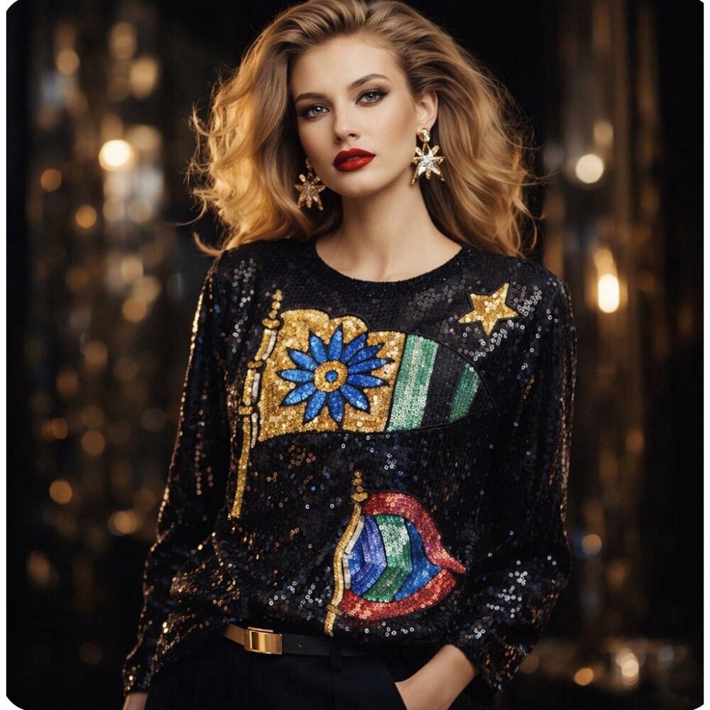 Vintage Creative Creations Silk Fully Beaded Black Gold Sequined LS Top Size M